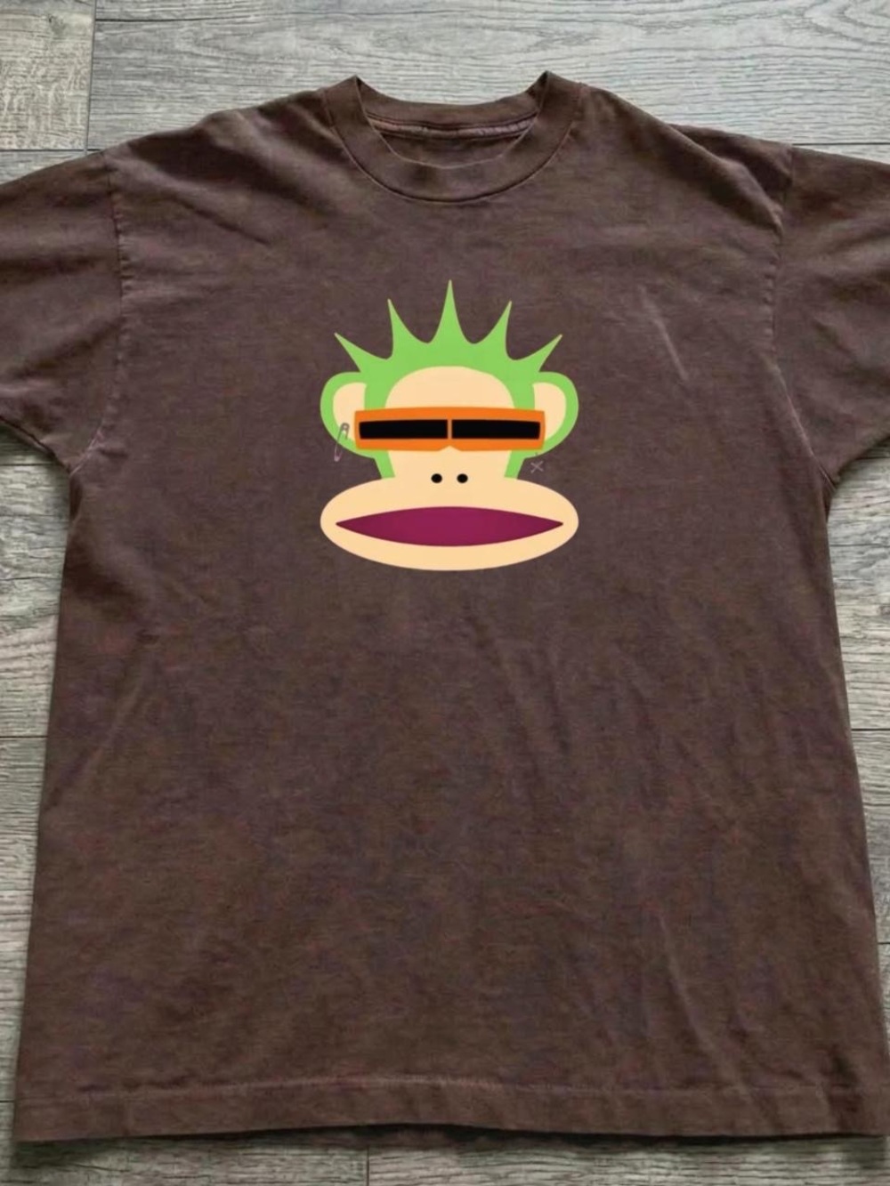 Gildan Brown Tee with Green and Peach Monkey Graphic